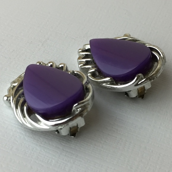 Vintage Purple Teardrop Silver Clip On Earrings - Picture 2 of 8